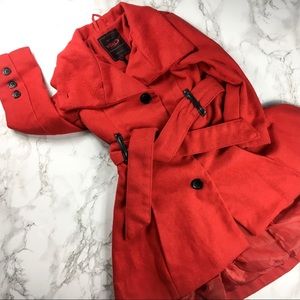 Red Wool-Blend Belted Pea Coat